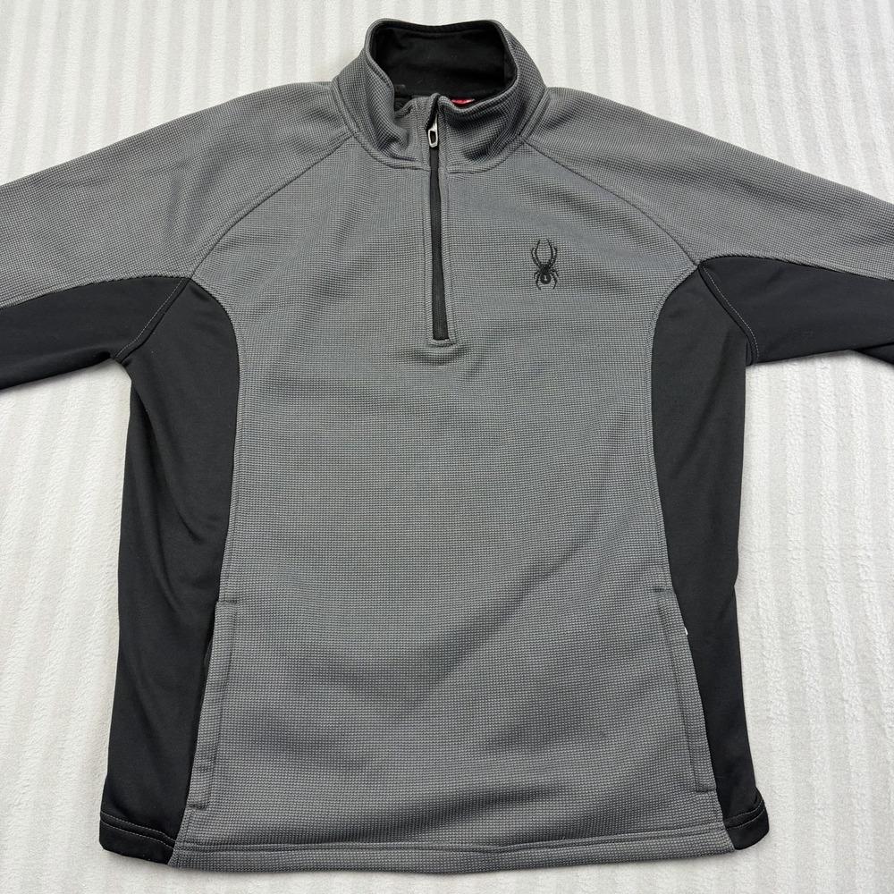 Spyder Mens XL 1/4 Zip Pullover Jacket Gray Black Textured Fleece Spider Read De